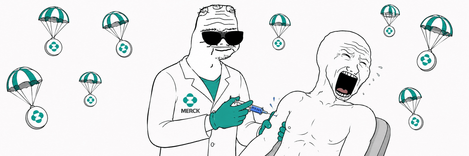 A doctor in a Merck coat injecting a patient while parachutes of tokens fall around them